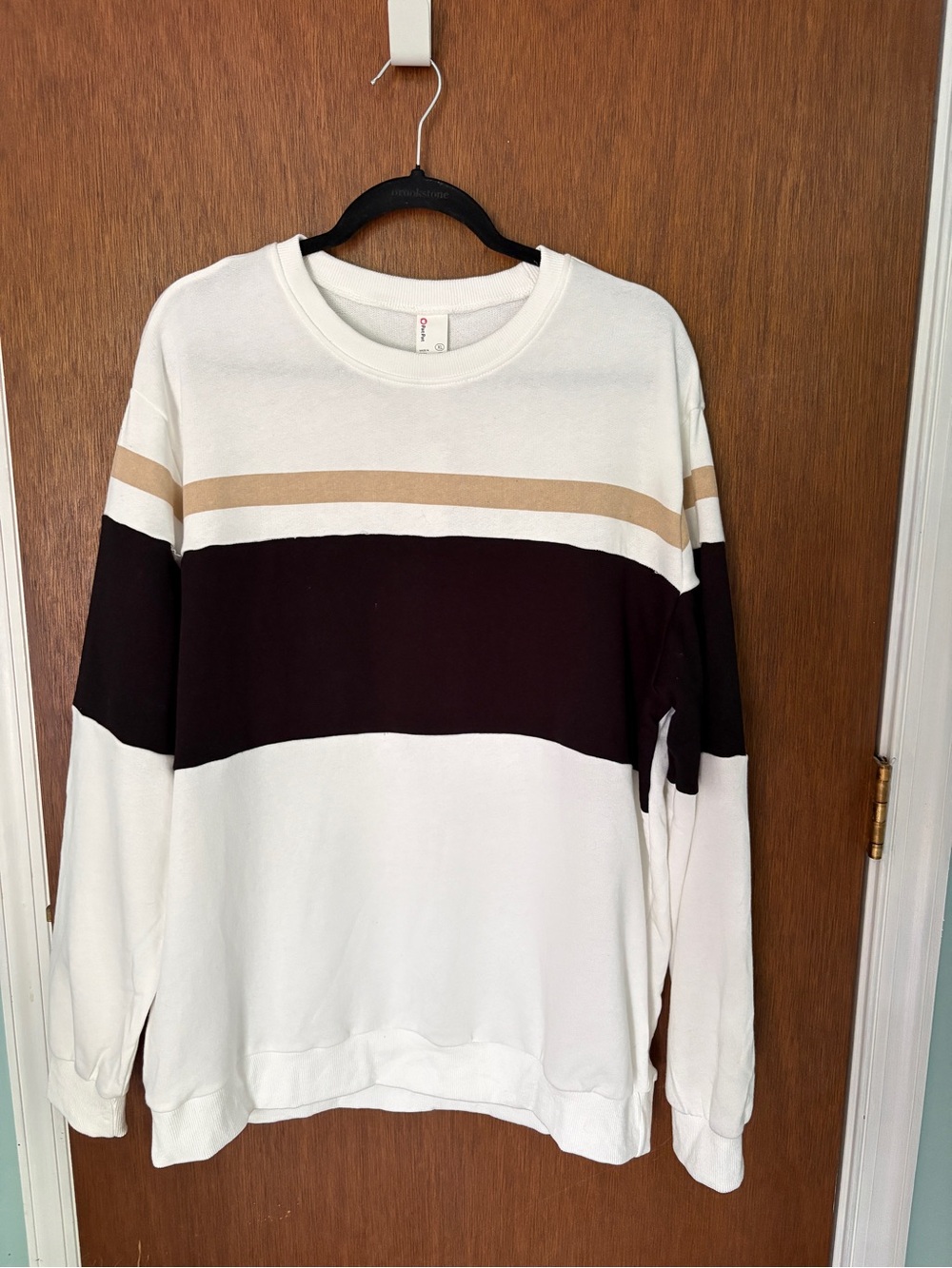 PatPat Men's Crewneck Sweater - White, Black & Tan Stripes